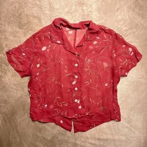 Vintage Y2K Red Floral Mesh Top Button Up Sheer Cap Sleeve Cropped Boho Hippie